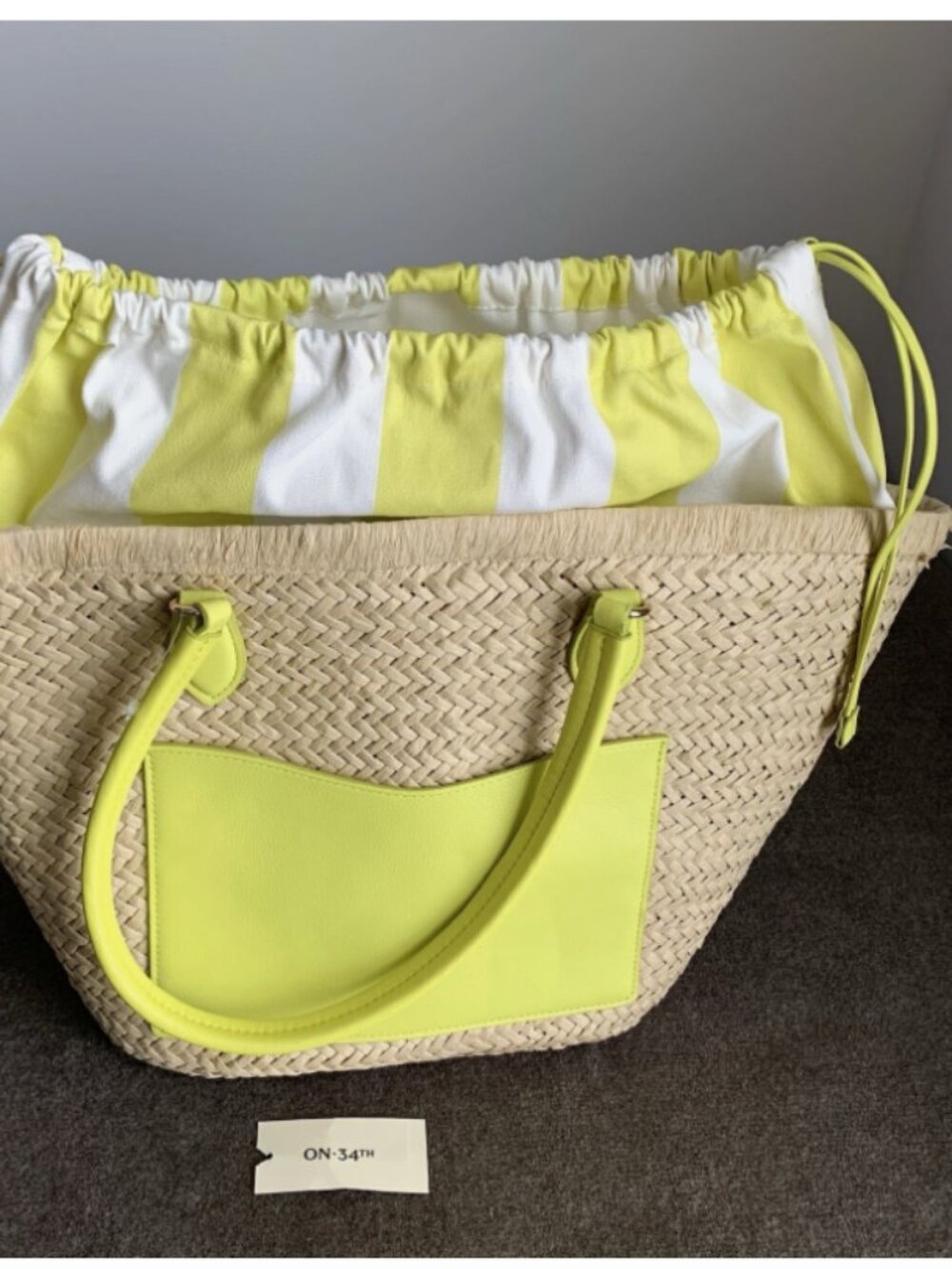 On 34th Isabellaa Straw Medium Drawstring Tote Bag Yellow Striped NWOT